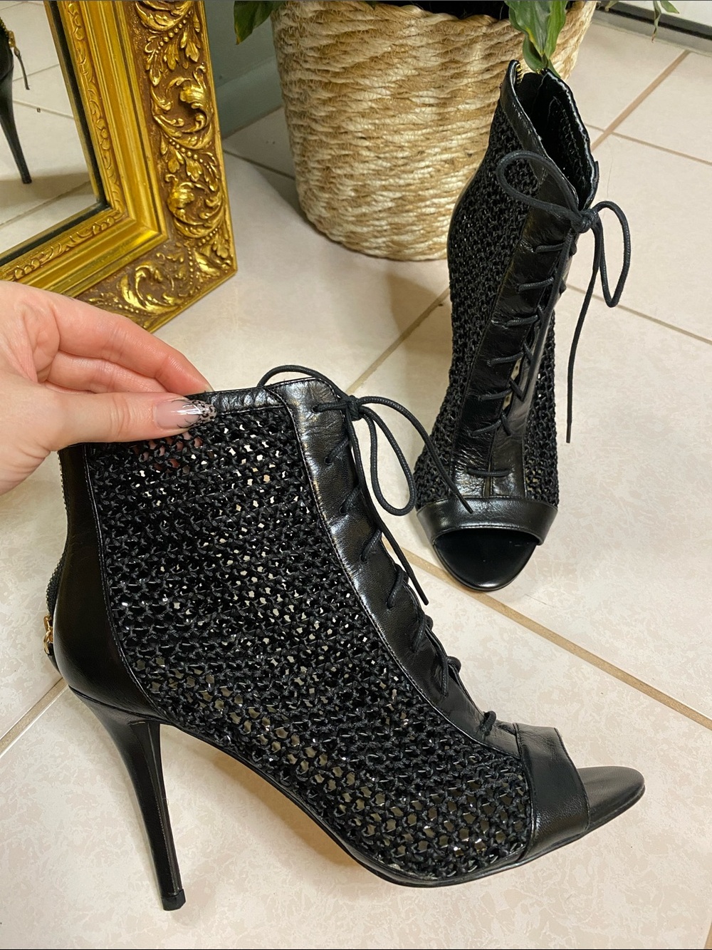 Nine West Black Lace-Up Woven Open-Toe Stiletto Booties